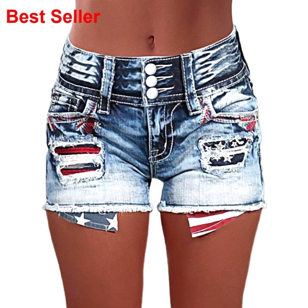 Distressed Denim Shorts High Waist Button Fly Raw Hem